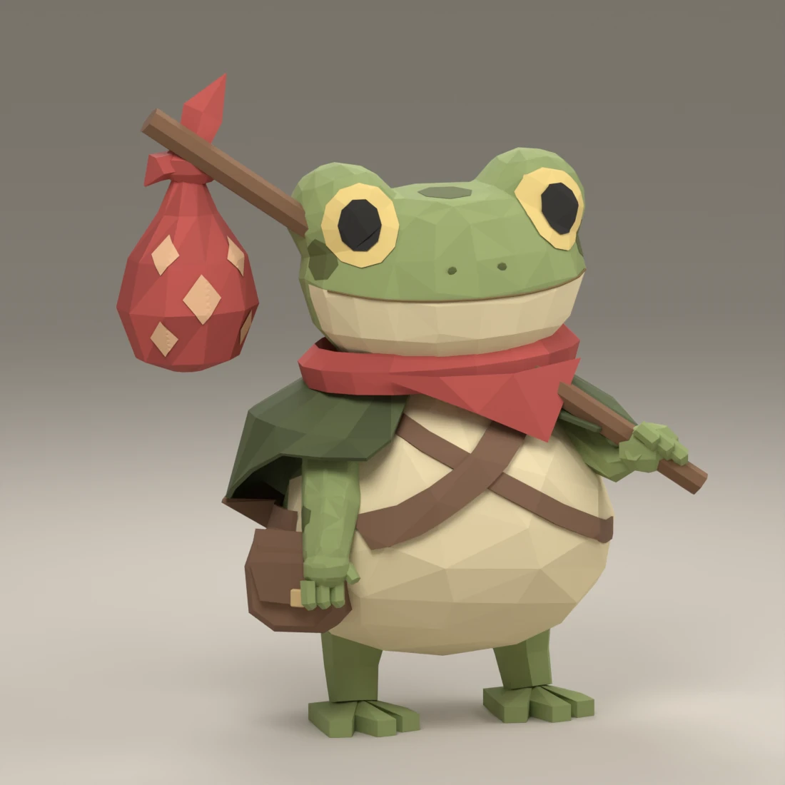 Early Blender render of Bog Frog with a red scarf and bindle, green cape, and crossed satchel straps over his belly.
