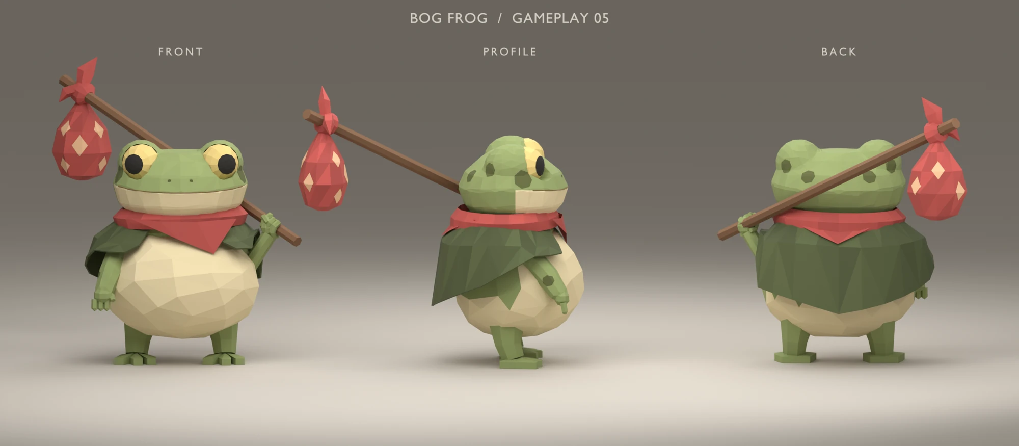 Gameplay 05 character turnaround with a shorter muzzle, round belly, forward gripping hand, and no satchel or straps.