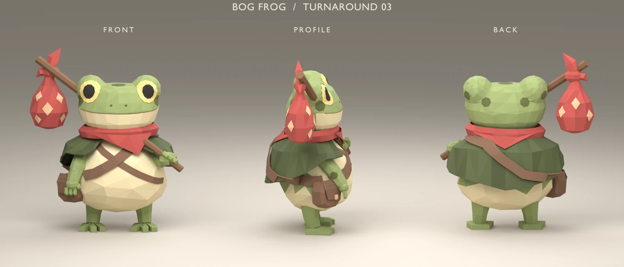 Turnaround 03 showing front, profile, and back of the Blender model with a faceted belly and satchel.