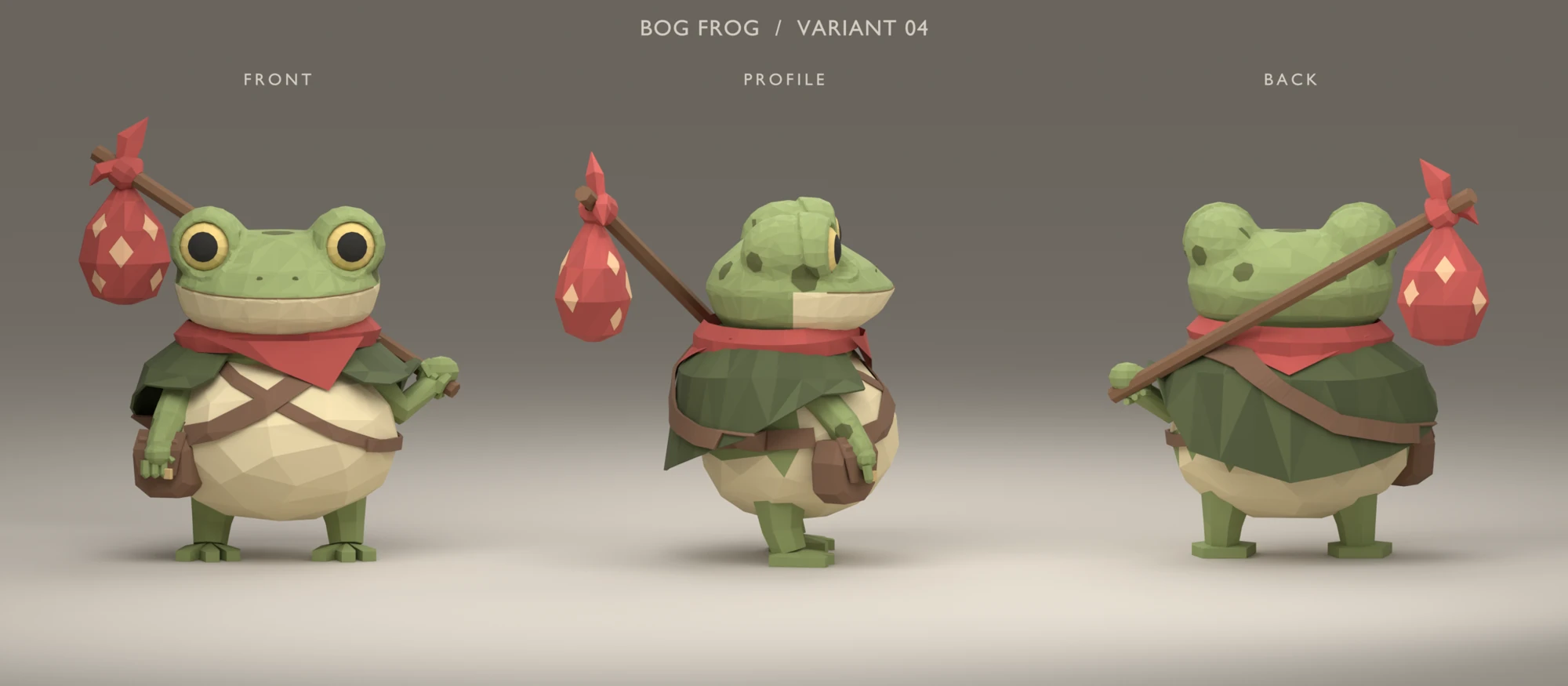 Variant 04 turnaround showing a broader frog with spherical eyes, projecting muzzle, and staff behind the head.