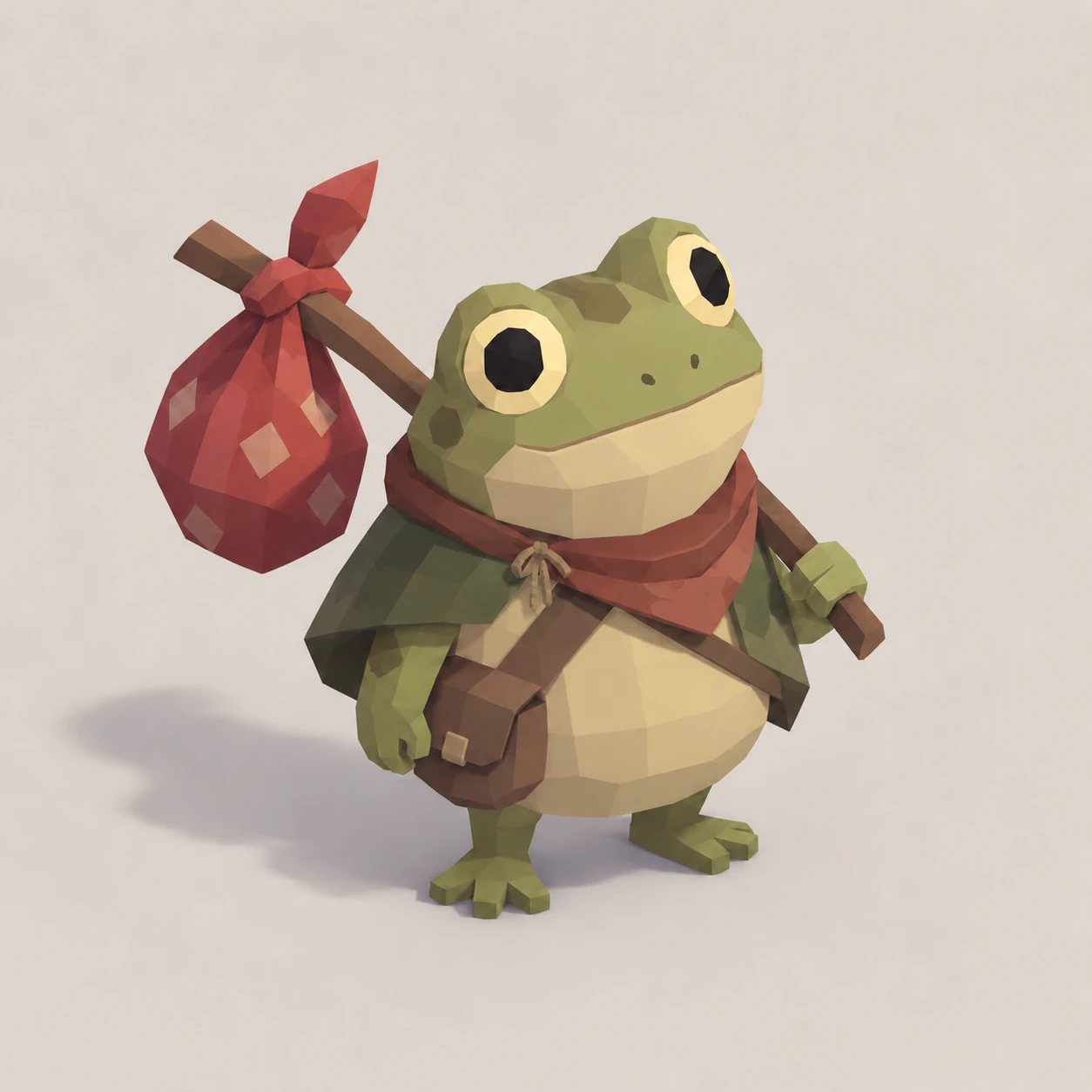 Generated concept art of a portly green frog traveller wearing a red scarf, cape, and satchel, carrying a red bundle on a staff.