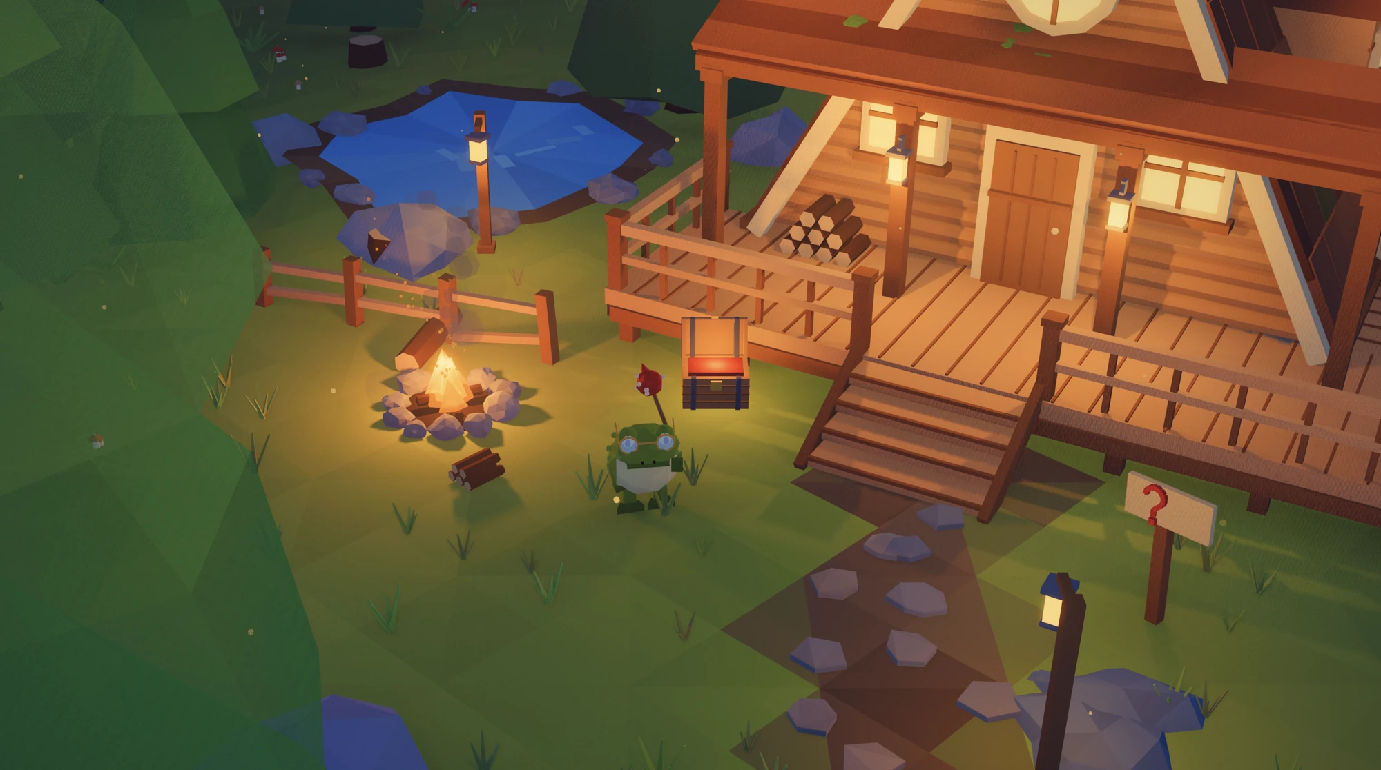 Original gameplay showing a small frog beside a campfire and timber cabin, with a pond behind him.